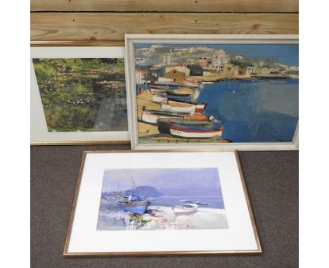 Continental school, 20th century, harbour scene, oil on canvas, 50 x 64cm, together with another and a print