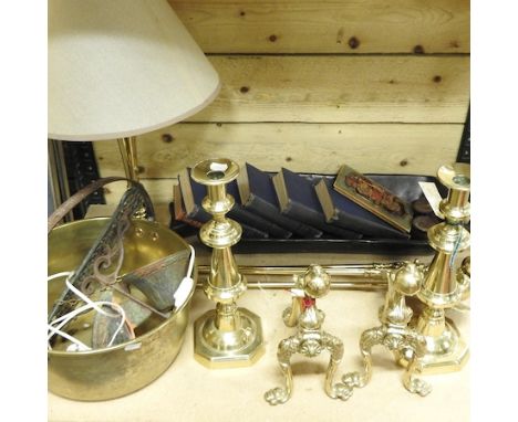 A collection of 19th century and later metalwares, to include jam pans, books, fire tools and a pair of candlesticks, 36cm hi