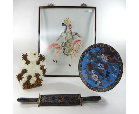 A Chinese hardstone plaque, decorated with a fish, together with a cloisonne plate, a kukri and an oriental shadow puppet, fr