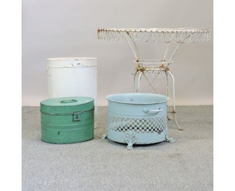 A white painted wire framed garden table, 82cm diameter, together with a metal hat box, a cream painted metal bin and a blue 