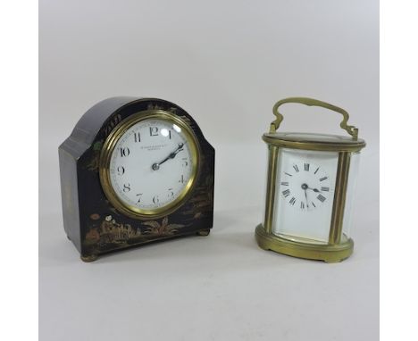 A 1930's chinoiserie decorated mantle clock, signed Winsor Bishop, Norwich, 13cm high, together with a brass cased oval carri