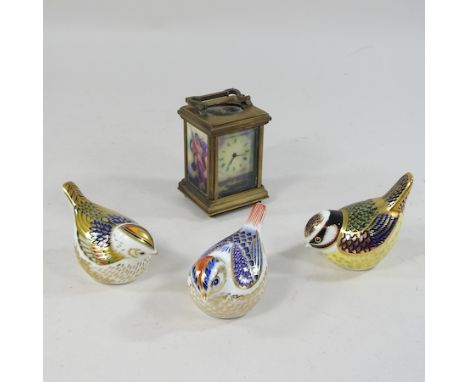 A collection of three Royal Crown Derby Imari porcelain birds, together with a continental porcelain mounted brass cased carr