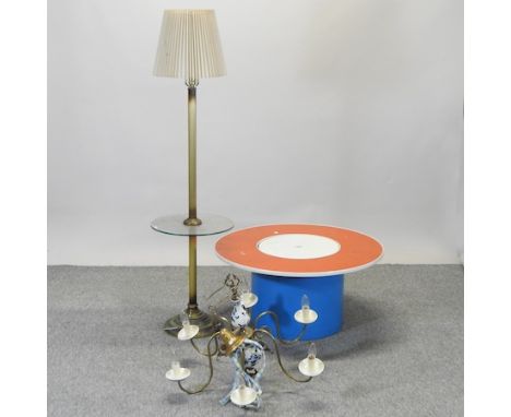 A circular coffee table, 85cm, together with a standard lamp and a chandelier