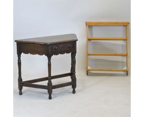 An oak side table, together with a pine wall shelf, 68cm