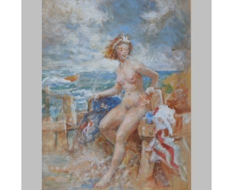 Follower of Henry Scott Tuke, girl with seascape, oil on board, 45 x 35cm
