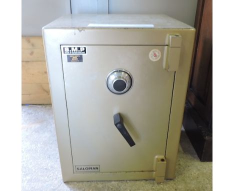 A Salopian green painted cast iron safe, with combination lock, 48cm wide x 64cm high. Please note this cannot be lifted manu