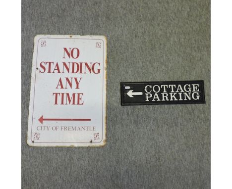 An American enamel advertising sign, together with a painted metal  cottage sign