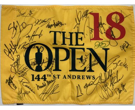 A 2015 144th Open St. Andrews flag signed by 32 inc many previous winners: Adam Scott, Shane Lowery, Martin Kaymer, Todd Hami