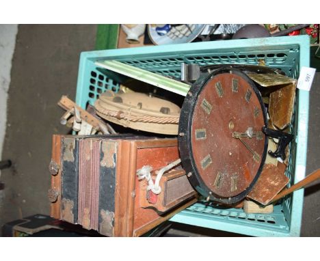 BOX CONTAINING VINTAGE ACCORDION (A/F), VARIOUS CLOCKS ETC