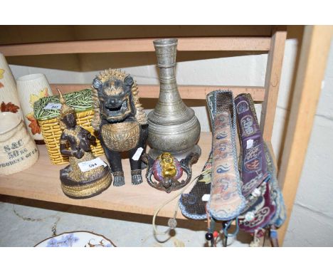 MODERN METAL BUDDHA FIGURE TOGETHER WITH CHINESE DOG OF FO METAL FIGURE AND AN ORIENTAL SILVER PLATED VASE TOGETHER WITH A QU