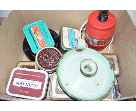 BOX CONTAINING QUANTITY OF VARIOUS VINTAGE TOBACCO TINS ETC, WATNEYS RED BARREL PROMOTIONAL TABLE LAMP ETC