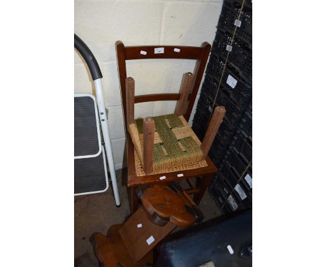 CANE SEAT BEDROOM CHAIR TOGETHER WITH A SMALL STOOL AND A CARVED TEDDY BEAR SEAT