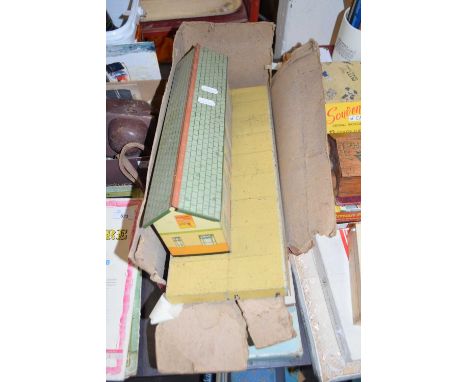 VINTAGE ROTRING T-SQUARE DRAWING SET TOGETHER WITH A BOXED O GAUGE MID 20TH CENTURY TIN PLATE STATION BUILDING BY HORNBY