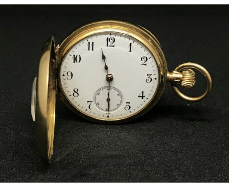 John Bennett, an 18ct gold half hunter pocket watch. petite size, arabic white enamel dial, pendant wind, Swiss movement,