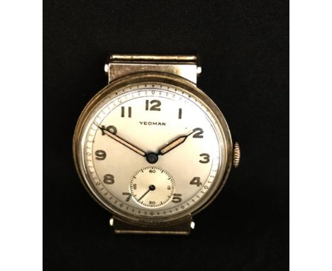 Yeoman, a gents 9ct gold vintage wristwatch with arabic numerals, sub-second dial, mechanical movement, lacks bracelet.