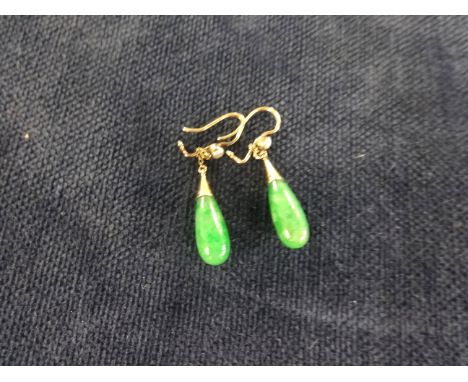 A pair of antique gold, pearl and jade drop earrings.