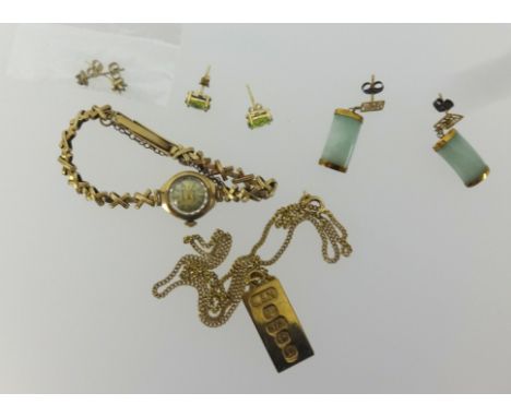 A 9ct gold ingot and chain together with a vintage ladies 9ct gold wristwatch Accurist (total combined weight 24.5gms), toget