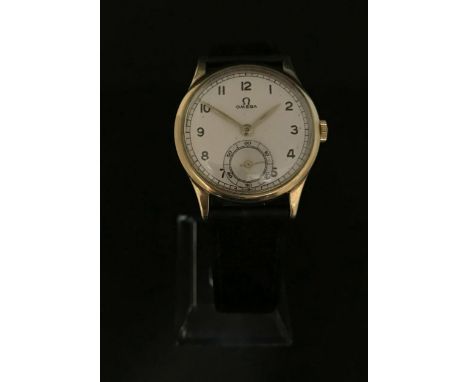Omega, a gents vintage 9ct gold wristwatch, with arabic numerals and sub-second dial.