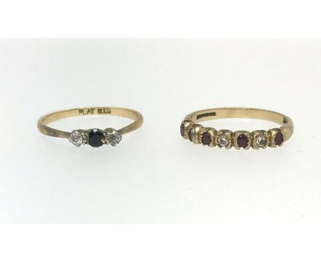 An 18ct small sapphire and diamond dress ring, finger size O together with another gold hallmarked ruby and diamond set dress