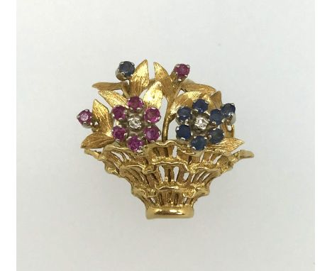 A pretty sapphire and ruby set posy brooch, weight 7.4gms.