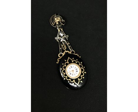 A silver and gilt miniature enamel/onyx pocket watch/locket, portrait of a lady inside, key wind cylinder movement, Roman num