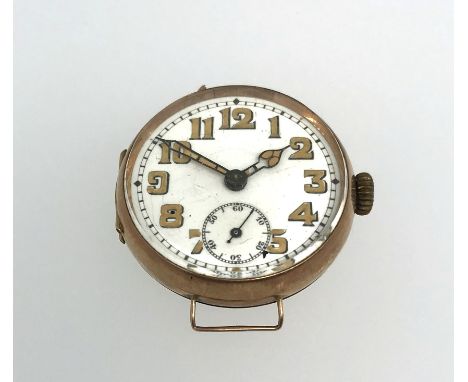 A 9ct gold vintage wristwatch, with arabic numerals and sub-second dial, mechanical movement, running, lacks bracelet.