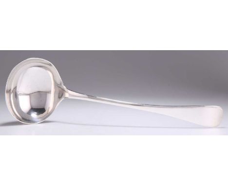 AN EDWARDIAN SUBSTANTIAL SILVER SOUP LADLE by Walker &amp; Hall, Sheffield 1902, Old English pattern. 33cm long, 9.4 troy oun