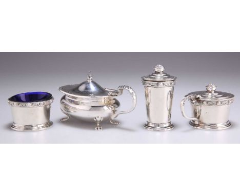 FOUR SILVER CONDIMENTS, 20TH CENTURY including a three-piece set by Adie Brothers Ltd, Birmingham 1952 and 1955, comprising s