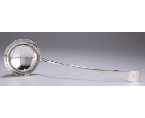 A GEORGE III SILVER SOUP LADLE by Hester Bateman, London 1775, Old English pattern, engraved with a crest. 31cm long, 4.3 tro