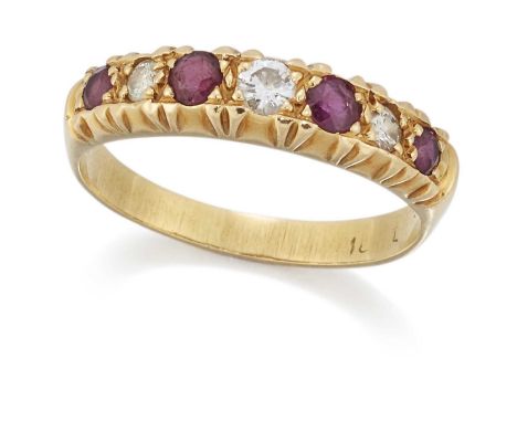 A RUBY AND DIAMOND HALF HOOP RING alternating round-cut rubies and round brilliant-cut diamonds in a crimped setting. Estimat