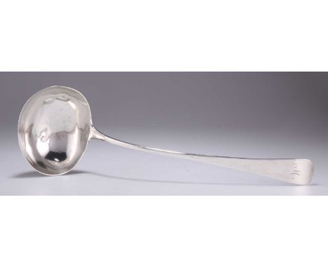 A GEORGE III SILVER SOUP LADLE by Peter &amp; William Bateman, London 1808, Old English pattern, engraved with an M. 34cm lon