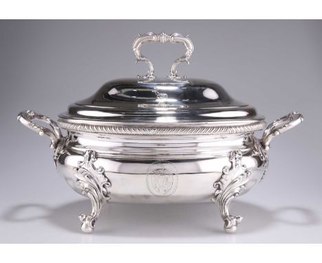 A GEORGE III SILVER SOUP TUREEN AND COVER by Thomas Ellerton &amp; Richard Sibley, London 1803, plain oval on four scroll fee