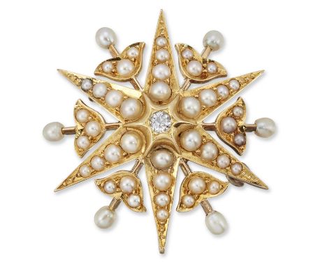 A LATE 19TH CENTURY DIAMOND AND SEED PEARL STAR BROOCH an old-cut diamond to seed pearl-set radial arms. 3cm diameter, 7.0 gr