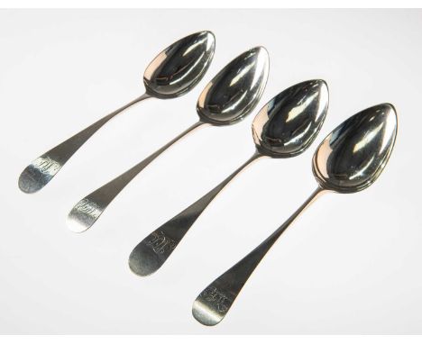 TWO PAIRS OF NEWCASTLE SILVER OLD ENGLISH PATTERN TABLE SPOONS by Thomas Watson, the first pair 1790; the second pair 1807; e