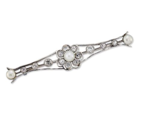 AN EARLY 20TH CENTURY DIAMOND AND PEARL BAR BROOCH a pearl within a halo border of old-cut diamonds, to a tapering openwork d