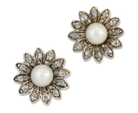 A PAIR OF CULTURED PEARL AND DIAMOND FLORAL CLUSTER EARRINGS button pearls within rose-cut diamond-set petal borders, with po