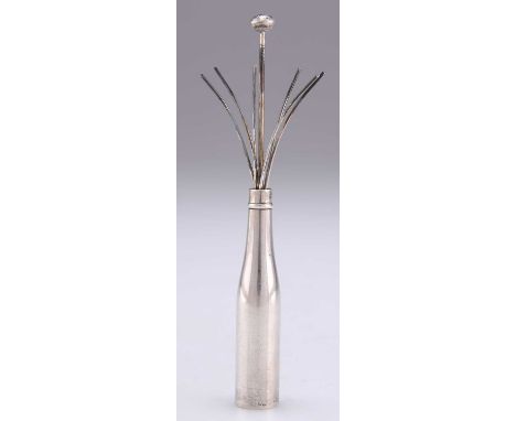 A GEORGE VI SILVER NOVELTY SWIZZLE STICK by Cohen &amp; Charles, Birmingham 1951, modelled as a bottle of champagne. 6.3cm hi