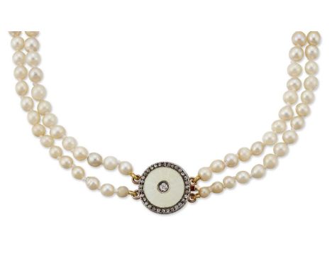 A CULTURED PEARL NECKLACE WITH AN ENAMEL AND DIAMOND CLASP two strands of graduated cultured pearls knotted to a white guillo