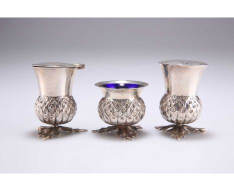 A 20TH CENTURY SILVER THISTLE-FORM CONDIMENT SET the pepper pot and mustard by Fenton Brothers Ltd, Sheffield 1922 and 1924; 