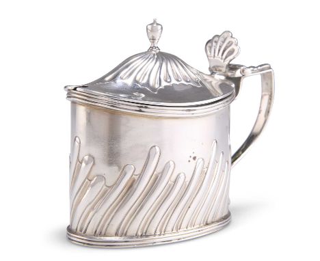 A VICTORIAN SILVER MUSTARD POT by Joseph Bradbury, Sheffield 1889, oval, the hinged domed cover with urn-form finial and flut