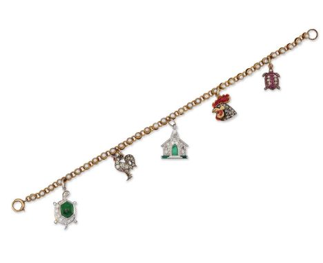 A CHARM BRACELET five diamond and gem-set charms, comprising an emerald and diamond turtle, marked '18K'; two diamond and ena