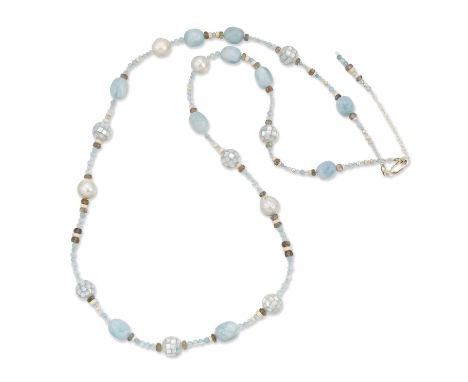 A GEMSTONE BEAD NECKLACE blue mother-of-pearl mosaic beads, faceted aquamarine and labradorite spaced by smooth polished aqua