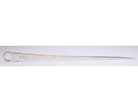 A GEORGE III IRISH SILVER MEAT SKEWER by Samuel Neville, Dublin 1803, plain tapering form with waisted shoulder and flattened