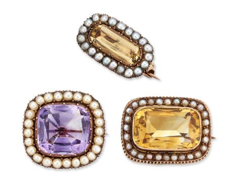 THREE 19TH CENTURY GEMSTONE AND SEED PEARL BROOCHES comprising two citrine and seed pearl brooches, and an amethyst and seed 