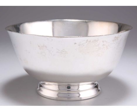 AN AMERICAN STERLING SILVER 'PAUL REVERE' BOWL by J.E. Caldwell &amp; Co, plain circular form with a stepped and domed foot. 