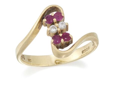 A 14 CARAT GOLD RUBY AND DIAMOND CROSSOVER RING a pair of round brilliant-cut diamonds spaced by two pairs of round-cut rubie
