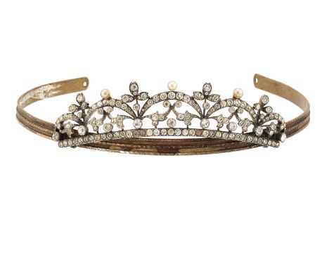 A LATE 19TH / EARLY 20TH CENTURY PASTE AND SIMULATED PEARL TIARA the front of foliate festoons set with white paste and simul