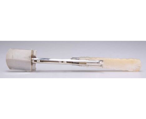 A GEORGE III SILVER STILTON SCOOP maker ?P, Birmingham 1813, the scoop with thumb-push mechanism, with carved mother-of-pearl