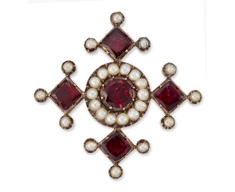AN EARLY 19TH CENTURY GARNET AND SEED PEARL CROSS BROOCH a round-cut garnet in a closed back setting within a border of seed 