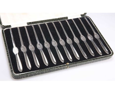 A SET OF TWELVE ART DECO SILVER LOBSTER PICKS by Cooper Brothers &amp; Sons Ltd, Sheffield 1933, each engraved with a crustac